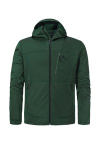 Grüne Zip-Up-Jacke mit Kapuze, ausgestattet mit zwei Seitentaschen, einer Brusttasche und einem strukturierten Stoff mit kontrastierenden Nähten.