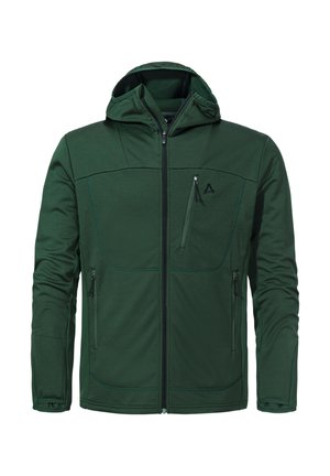 Grüne Zip-Up-Jacke mit Kapuze, ausgestattet mit zwei Seitentaschen, einer Brusttasche und einem strukturierten Stoff mit kontrastierenden Nähten.