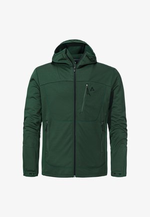 Grüne Zip-Up-Jacke mit Kapuze, ausgestattet mit zwei Seitentaschen, einer Brusttasche und einem strukturierten Stoff mit kontrastierenden Nähten.