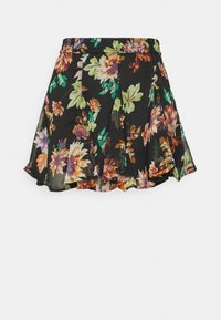 Floral pleated skirt with a black background, featuring colorful flowers in purple, orange, and green. Lightweight fabric with a ruffled hem.