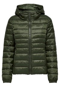 Olive green puffer jacket with a hood, zip front, and elastic cuffs. The design features horizontal quilted sections for insulation.