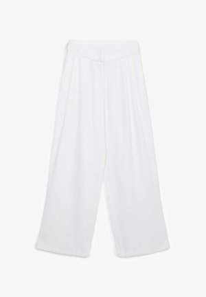 Pantaloni bianchi a gamba larga con vita alta, caratterizzati da una texture liscia e senza motivi visibili o dettagli metallici.