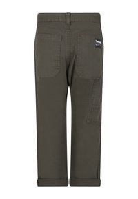 Pantaloni cargo verde oliva con taglio dritto, dotati di due tasche posteriori e orli arrotolati. Realizzati in un tessuto liscio e resistente.