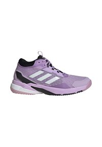 Purple athletic shoe with black accents, featuring three white stripes on the side, textured mesh upper, and a reinforced toe cap.