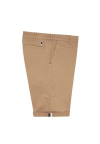 Pantaloni khaki con fronte piatto, due tasche posteriori e un piccolo logo nero. Presentano un orlo arrotolato con un accento a righe nella parte inferiore.