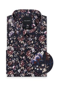 Koszulka slim-fit w ciemnoniebieskim kolorze z kwiatowym wzorem, ozdobiona wielokolorowymi kwiatami. Posiada mankiety na guziki oraz pasujący poszetkę.