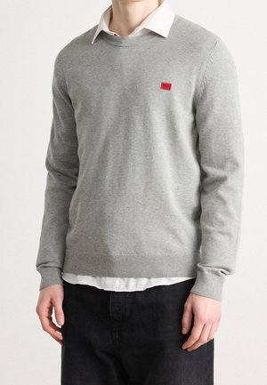 Osoba ubrana w jasnoszary sweter bez kołnierza na białej koszuli z kołnierzykiem oraz czarne spodnie, z małym czerwonym prostokątnym logo na piersi.