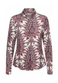 Langarm overhemd van een lichtgewicht stof, met een rood en beige bloemenpatroon en verfijnde details op een witte achtergrond.