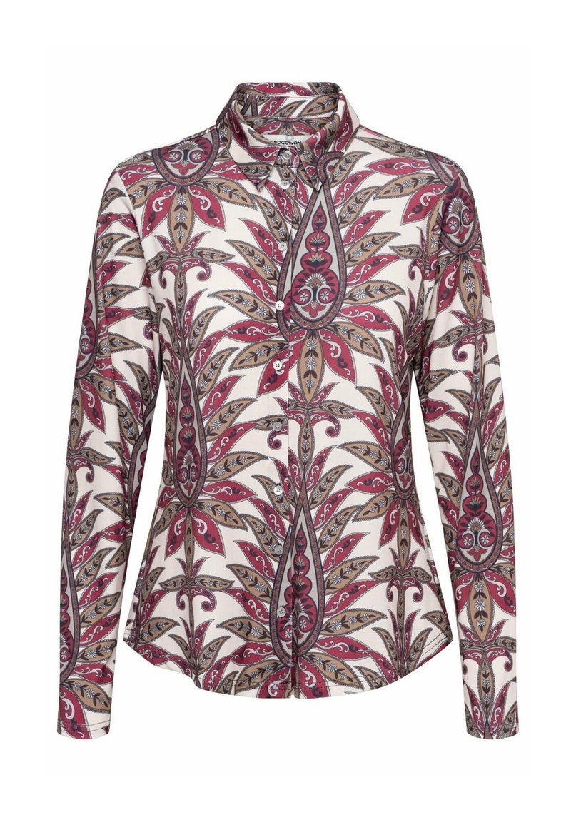 Langarm overhemd van een lichtgewicht stof, met een rood en beige bloemenpatroon en verfijnde details op een witte achtergrond.