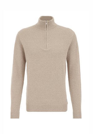 Beige Zip-Jacke aus strukturiertem Stoff. Merkmale einen hohen Kragen, lange Ärmel sowie einen gerippten Saum und Bündchen.
