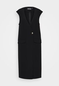 Svart ärmlös väst med djup V-ringning, en guldfärgad knappstängning, två framfickor och rak siluett. Tillverkad av slät tyg.