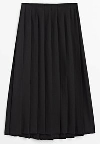 Jupe midi plissée noire avec une taille ajustée, comportant des plis verticaux espacés régulièrement.