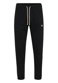 Schwarze Baumwoll-Jogginghosen mit weicher Textur, elastischem Bündchen, verstellbarem Kordelzug und einem kleinen Logo an der Seite. Schmal zulaufendes Bein-Design.