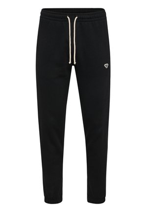 Schwarze Baumwoll-Jogginghosen mit weicher Textur, elastischem Bündchen, verstellbarem Kordelzug und einem kleinen Logo an der Seite. Schmal zulaufendes Bein-Design.