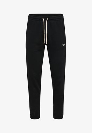 Zwarte katoenen joggers met een zachte textuur, elastische tailleband, verstelbaar trekkoord en een klein logo aan de zijkant. Tapered design van de broekspijp.
