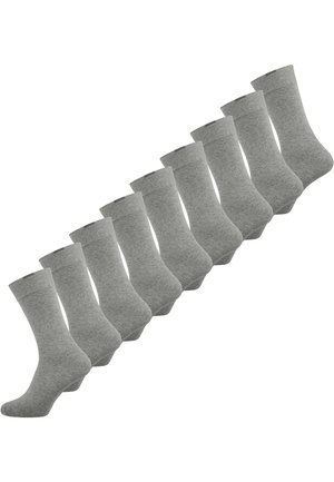 Gray cotton socks set, mid-calf length, featuring ribbed cuffs and a smooth texture, displayed in a row of ten pairs.