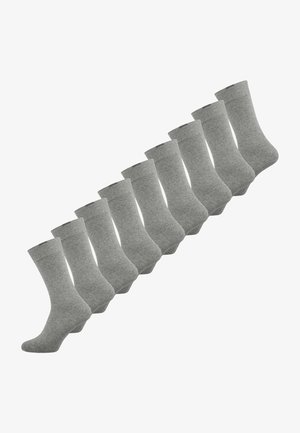 Graue Baumwollsocken im Set, Knöchelhöhe, mit gerippten Bündchen und glatter Textur, präsentiert in einer Reihe von zehn Paaren.
