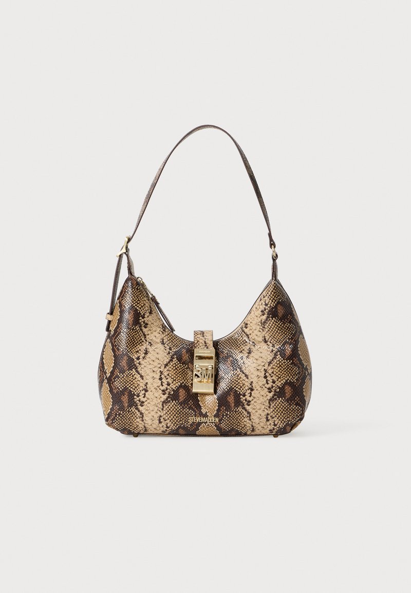 Borsa con motivo pelle di serpente in beige e marrone, dal design elegante, con chiusura in metallo dorato e una singola tracolla.