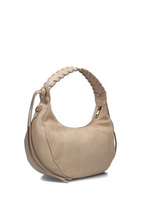 Beige suede en leren schoudertas met een geweven leren handvat, een ritssluiting aan de bovenkant en decoratieve leren strikjes aan de zijkant.