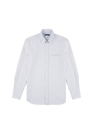 Button-up shirt in light blue and white vertical stripes, made of cotton. Features a collar and a single chest pocket. Long sleeves.