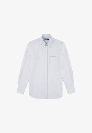 Koszula z długim rękawem w jasnoniebieskie i białe pionowe paski, wykonana z bawełny. Posiada kołnierzyk oraz jedną kieszeń na piersi.