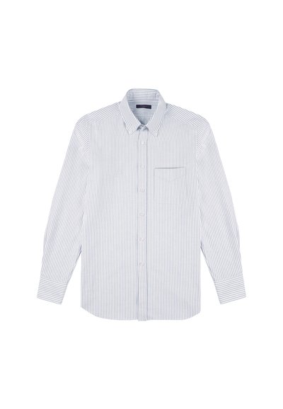 Camicia button-up in blu chiaro e bianco a righe verticali, realizzata in cotone. Presenta un colletto e una tasca sul petto. Maniche lunghe.