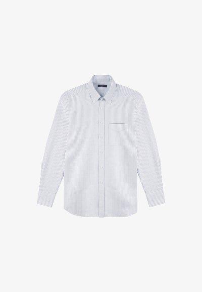 Overhemd met knoopsluiting in lichtblauw en witte verticale strepen, gemaakt van katoen. Heeft een kraag en een enkele borstzak. Langs mouwen.