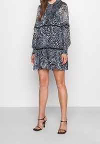 Svart och vit zebra-mönstrad klänning med en rynkad halsringning, genomskinlig tyg, långa ärmar och en tårformad kjol. Matchad med svarta klacksandaler.