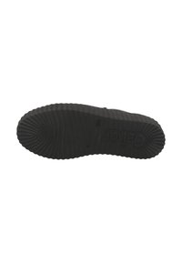 Semelle de chaussure en caoutchouc noir avec un motif texturé et rainuré, ainsi qu'un logo en relief. Elle présente une forme arrondie et une construction durable.