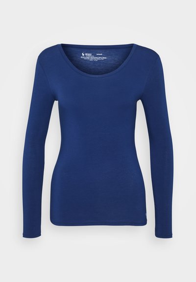 Navy blue long-sleeve shirt with a scoop neckline, made from soft, stretchy material. Features a fitted silhouette and smooth texture.