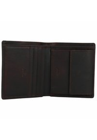 Portefeuille en cuir marron avec six emplacements pour cartes, un porte-ID et une fonctionnalité de blocage RFID. Texture lisse et détails de couture subtils.