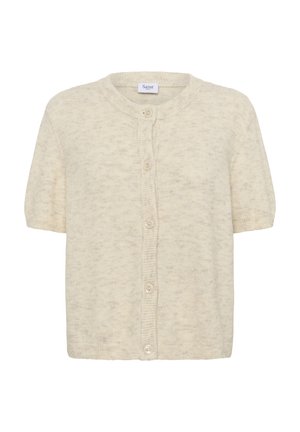Kortärmad, krämfärgad cardigan gjord av ett mjukt, texturerat tyg med rund halsringning och sex knappstängningar fram.