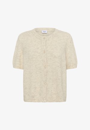 Gilet à manches courtes, couleur crème, fabriqué dans un tissu doux et texturé, avec un col rond et six boutons sur le devant.