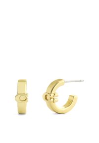 Pendientes de aro dorados con un acabado pulido, que presentan un detalle de cierre único y una forma semicírculo. Tienen un tamaño pequeño y un diseño minimalista.