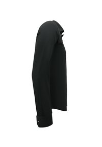 Zwart overhemd met lange mouwen, voorzien van een klassieke kraag, knoopmanchetten en een getailleerde pasvorm. Gladde stof met subtiele textuurdetails.