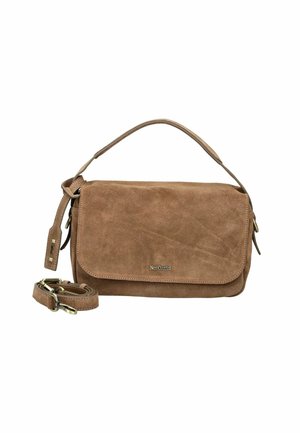 Braune Wildleder-Schultertasche mit Obergriff, abnehmbarem Trageriemen und kleinem Metalllogo auf der Vorderklappe.