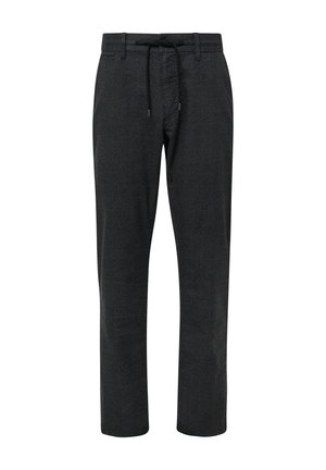 Grafitowe spodnie z teksturowanej tkaniny. Posiadają ściągacz w pasie na troczki oraz subtelny wzór w kratę na całej powierzchni. Krój o prostych nogawkach.