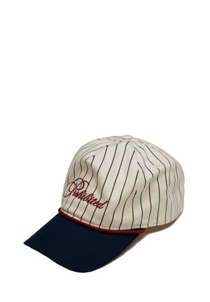 Casual baseball cap in cream with navy brim, featuring pinstripes and red embroidered text. Rounded shape with button on top.