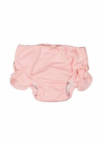 Rosa simbyxa med volanger på sidorna, gjord av texturerat tyg. Har ett elastiskt midjeband och tryckknappar för justering.