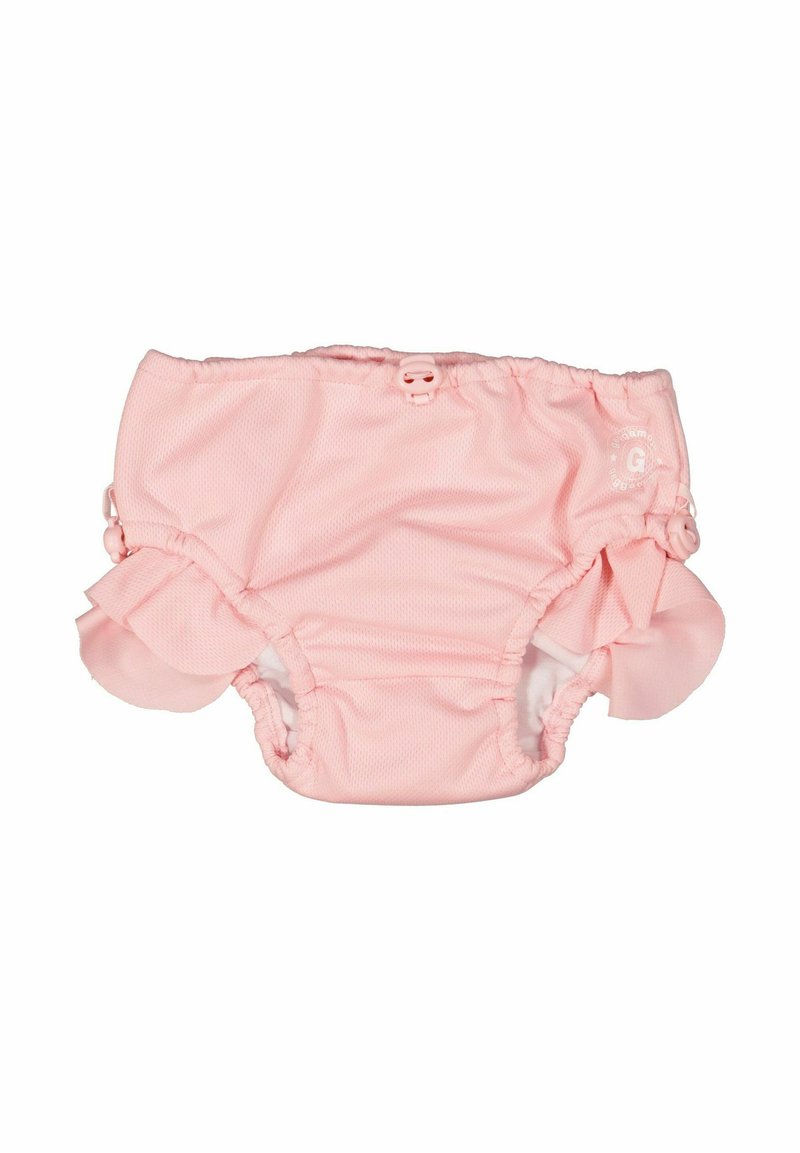 Rosa simbyxa med volanger på sidorna, gjord av texturerat tyg. Har ett elastiskt midjeband och tryckknappar för justering.