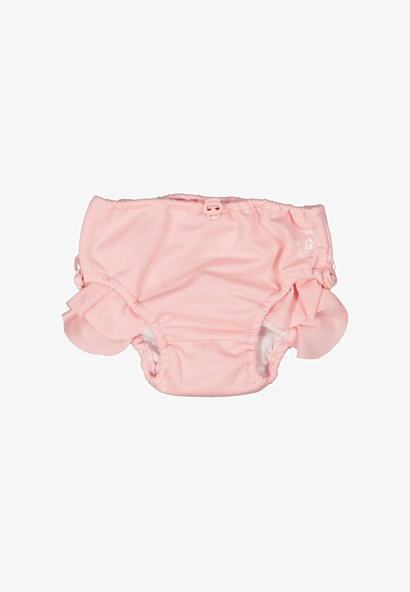 Rosa simbyxa med volanger på sidorna, gjord av texturerat tyg. Har ett elastiskt midjeband och tryckknappar för justering.