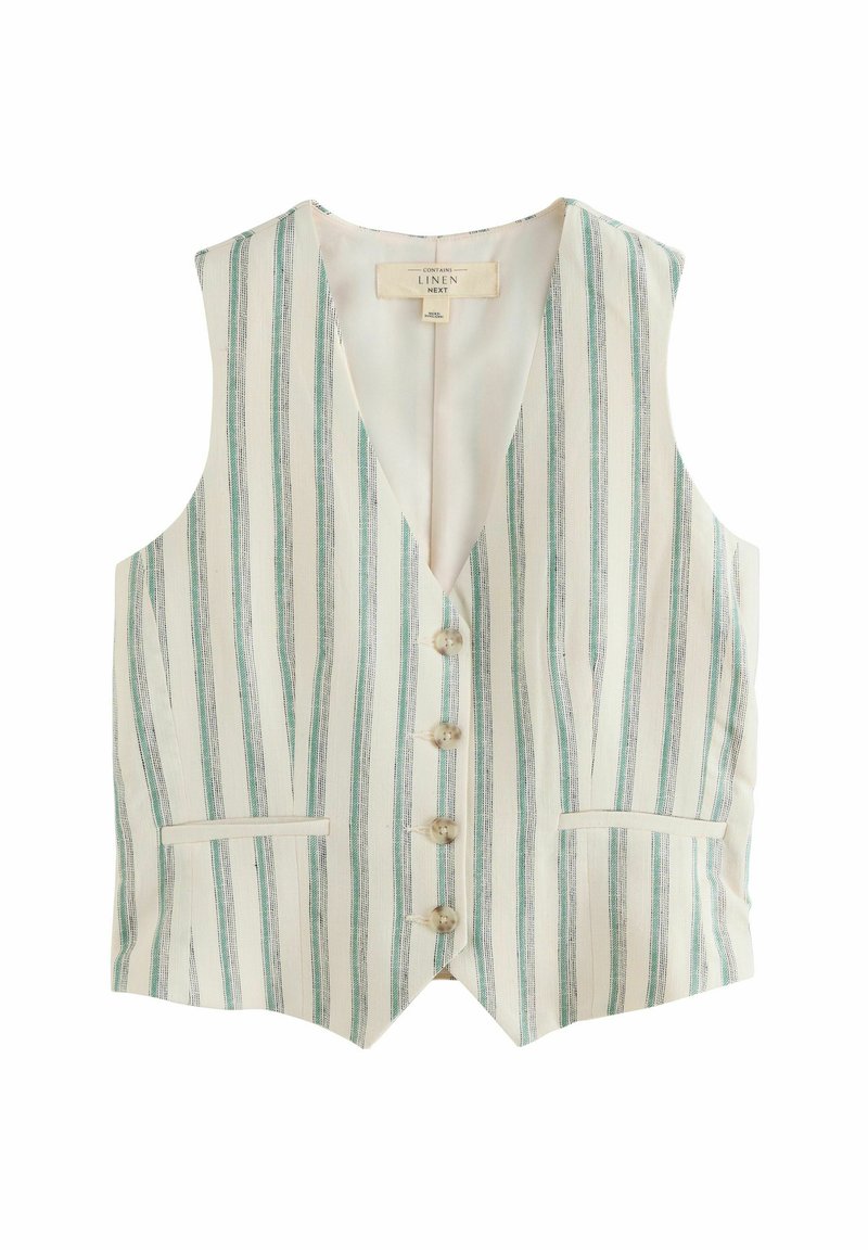 Gilet en lin avec des rayures verticales bleues et vertes, design en V, cinq boutons sur le devant et deux poches avant.