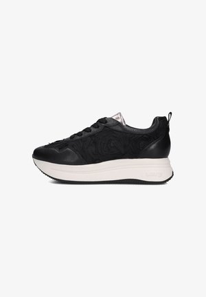 Black leather sneakers with embossed rose pattern, rounded toe, lace-up front, silver accents, and a chunky white midsole with textured outsole.