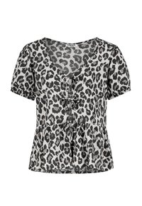 Leopardenmuster-Top mit kurzen Ärmeln, V-Ausschnitt, peplum-artigem Saum und Knopfdetails auf der Vorderseite. Hergestellt aus leichtem Stoff.