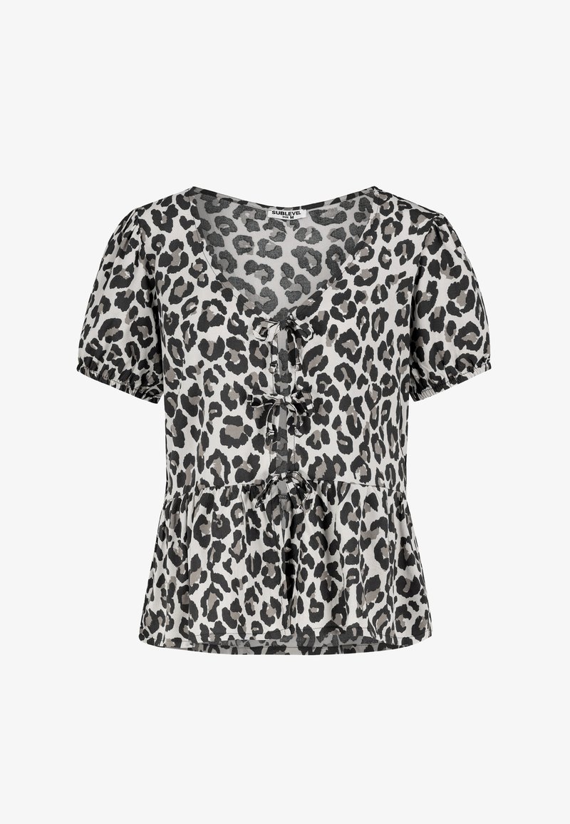 Leopard print top with short sleeves, V-neckline, peplum hem, and button detailing at the front. Made from lightweight fabric.