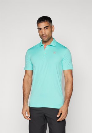 Light turquoise polo shirt with short sleeves, featuring a three-button placket and a logo accent. Smooth texture and casual fit.