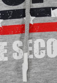 Grå huvtröja med vit och marinblå text, ett rött streck och en flätad dragsko med en vit plastspets. Strukturerad tyg med lätt slitage.