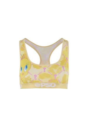 Żółty sportowy biustonosz z grafiką Tweety Bird po lewej stronie, różowy wzór, krój racerback oraz białe logo „PSD” na dolnym pasku.