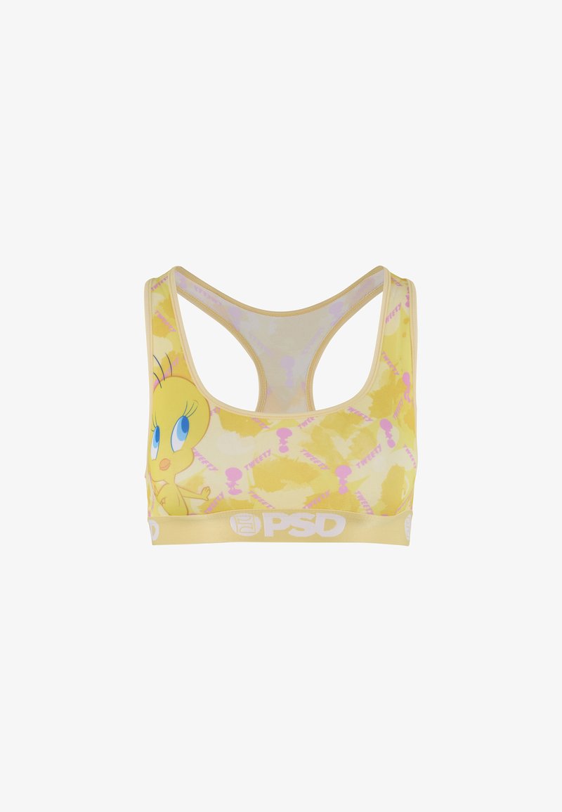 Brassière de sport jaune avec un motif de Titi sur le côté gauche, motif rose, dos nageur et logo blanc "PSD" sur la bande inférieure.
