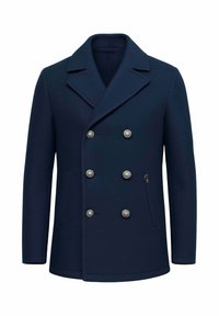 Cappotto doppiopetto in lana blu navy con ampi revers a lancia, bottoni d'argento, tasche laterali e una tasca con cerniera sul lato destro.